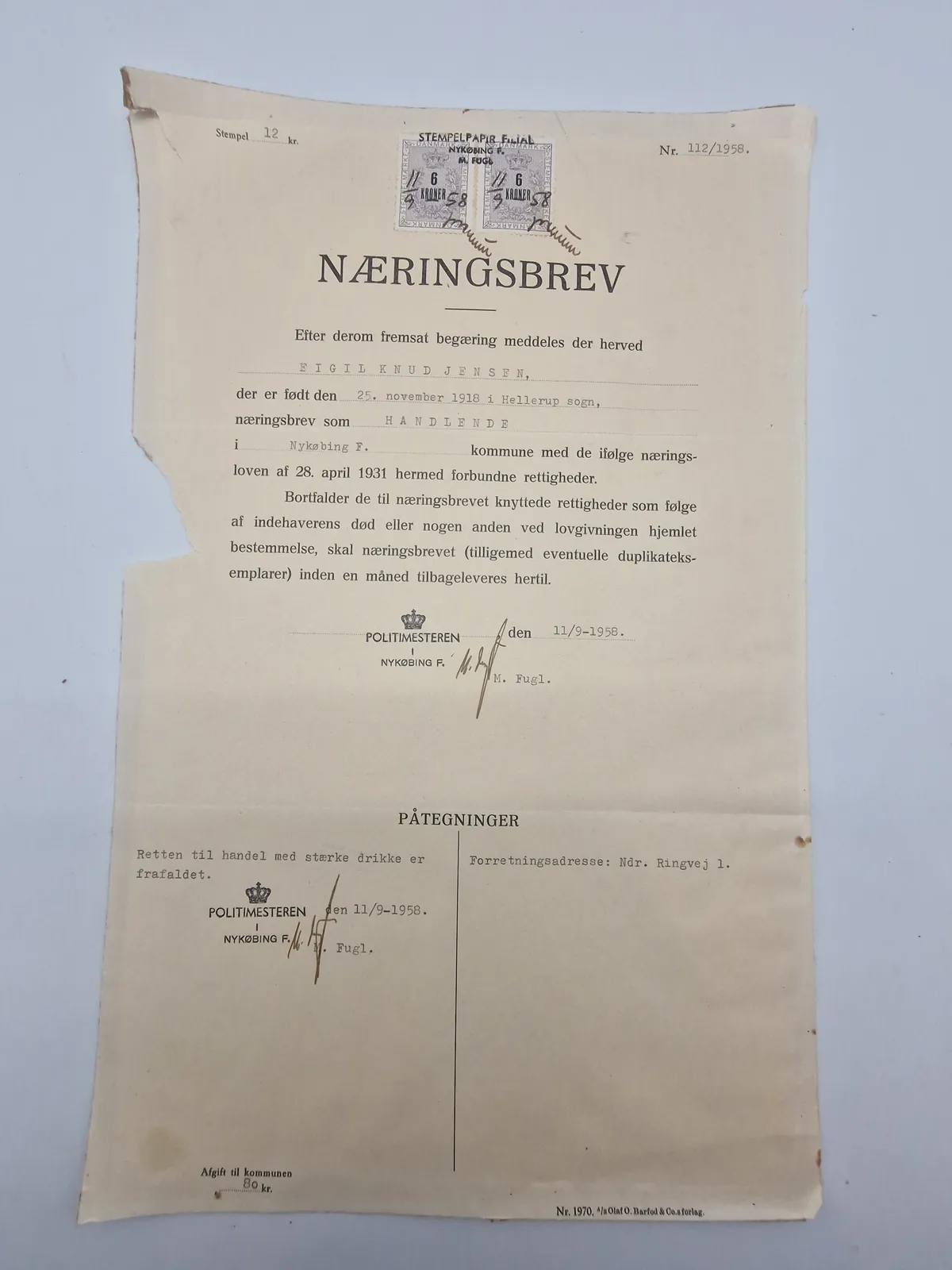 Næringsbrev fra Politimesteren i Nykøbing Falster 1958