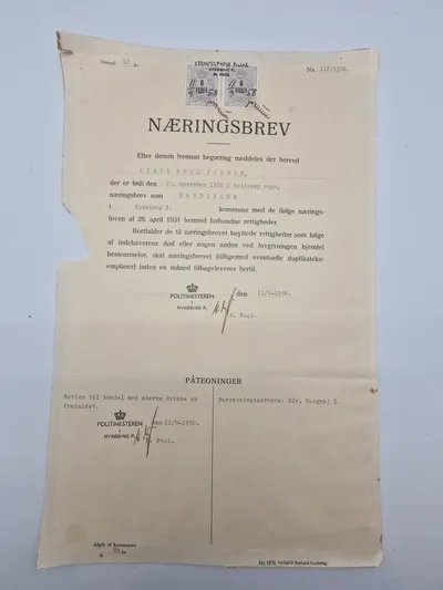 Næringsbrev fra Politimesteren i Nykøbing Falster 1958