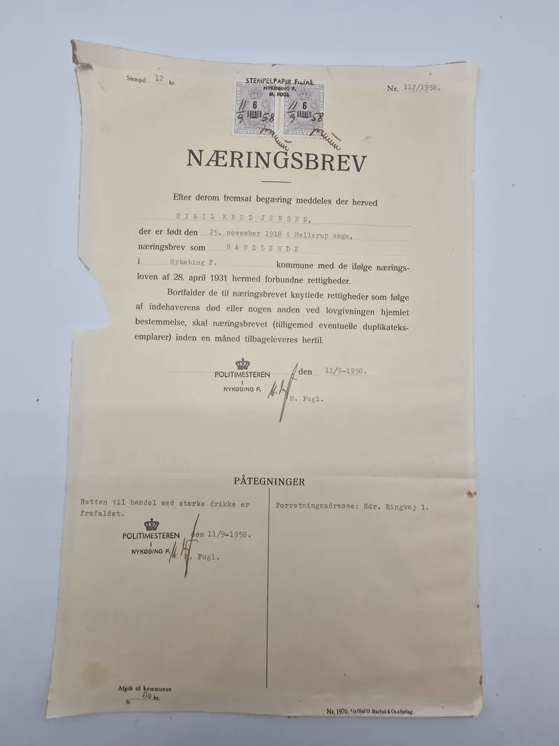 Næringsbrev fra Politimesteren i Nykøbing Falster 1958