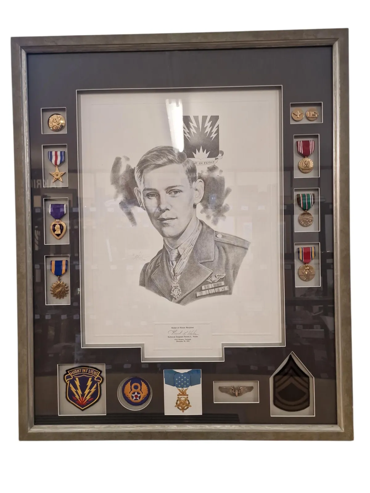 Stor Tavle fraUS Medal of honour vinner med tegning og signatur 71x86 ( Skal hentes i Vordingborg eller leveres personligt )