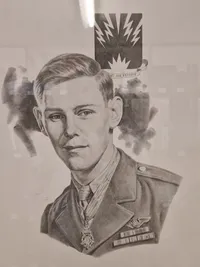 Stor Tavle fraUS Medal of honour vinner med tegning og signatur 71x86 ( Skal hentes i Vordingborg eller leveres personligt )