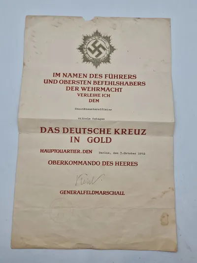 Urkunde på Deutches Kreuz in Gold - efterkrigs