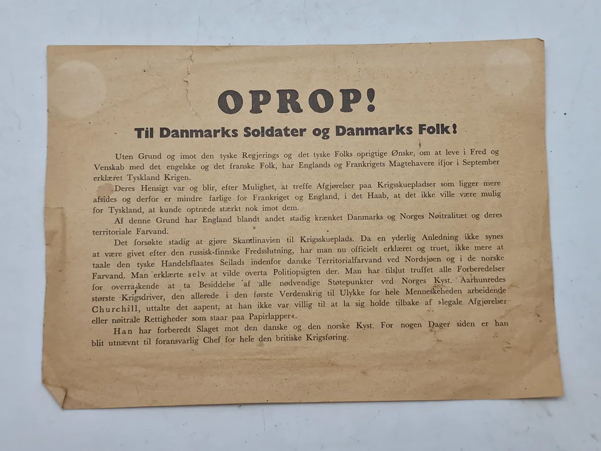 Originalt Oprop - nedkastet over store danske byer 9 april 1940