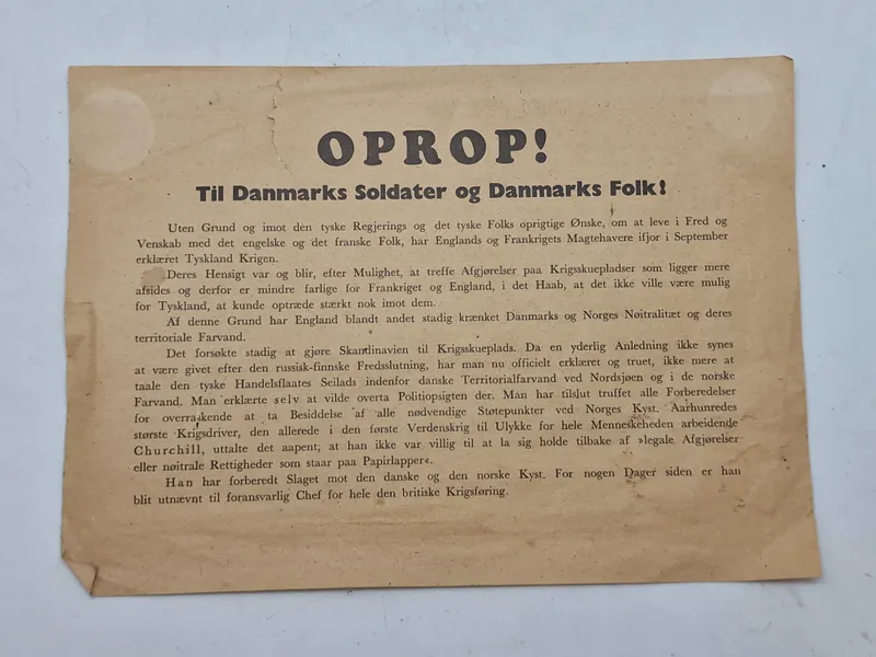 Originalt Oprop - nedkastet over store danske byer 9 april 1940