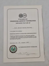 Originalt tildelingsbevis fra Frihedskampens veteraner