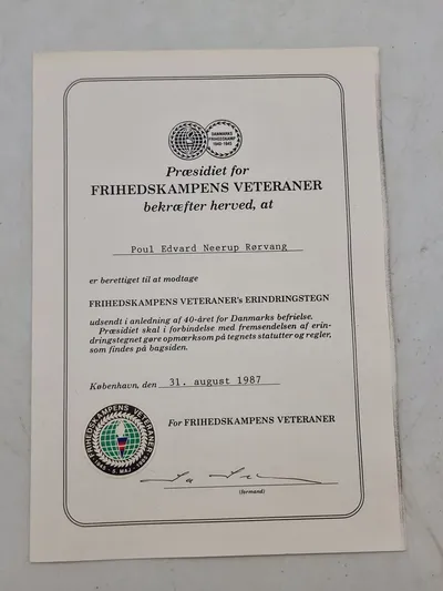 Originalt tildelingsbevis fra Frihedskampens veteraner