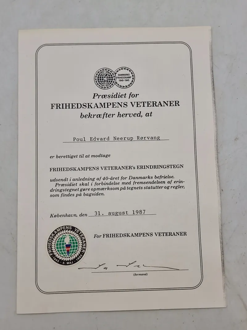 Originalt tildelingsbevis fra Frihedskampens veteraner