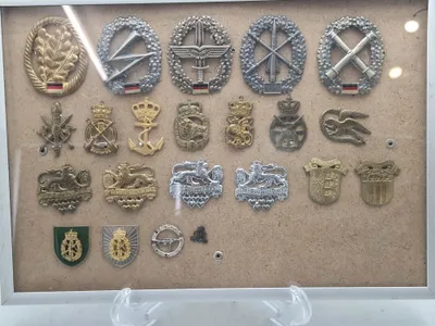 Samling tyske regimentsmærker i ramme