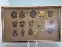 Samling danske regimentsmærker i ramme