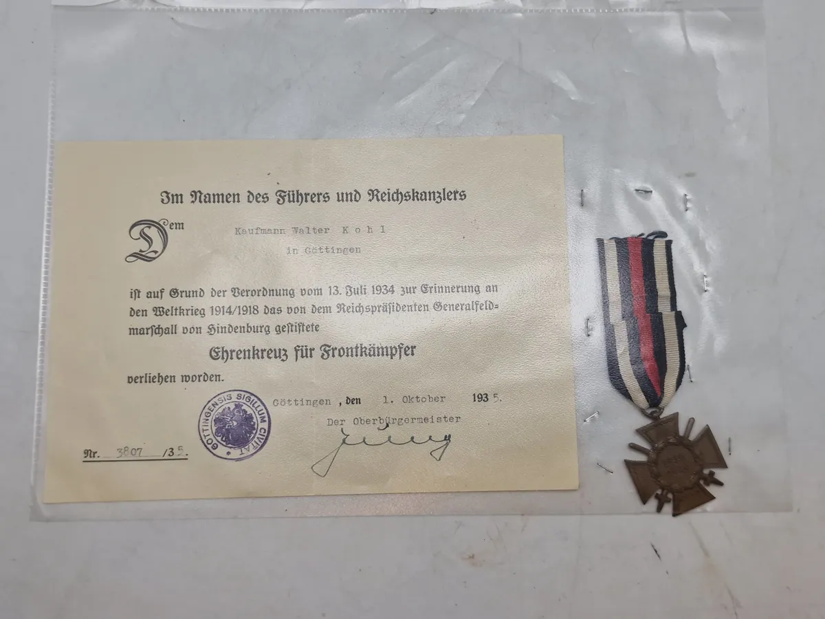 Originalt tysk Hindenburg cross med urkunde - ww1/ww2