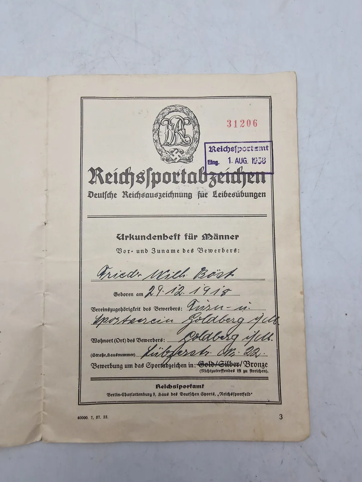 Originalt urkunde for sportsabzeichen - ww2