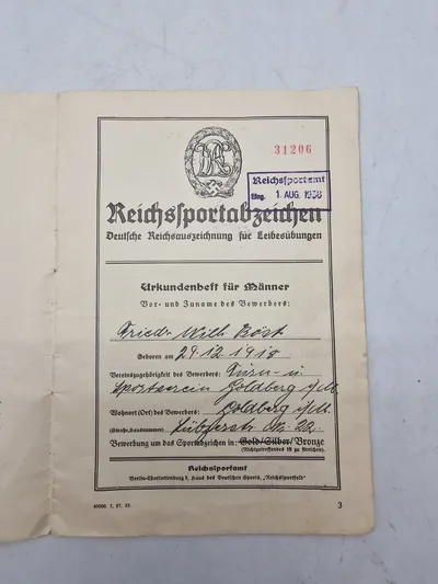 Originalt urkunde for sportsabzeichen - ww2