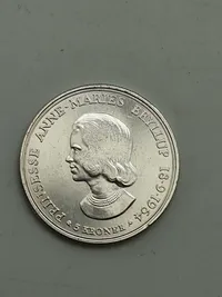 dansk 5-kroner erindringsmønt fra 1964, udstedt i anledning af Prinsesse Anne-Maries bryllup med Kong Konstantin den 18. september 1964