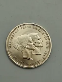 dansk 10-kroner erindringsmønt fra 1967, præget i anledning af brylluppet mellem Prinsesse Margrethe (nu Dronning Margrethe II) og Prins Henrik