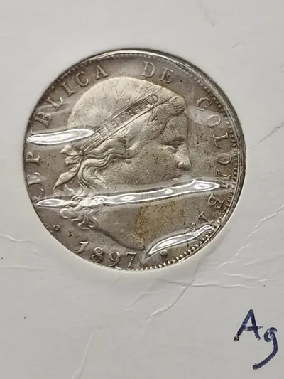 sjælden colombiansk 20 Centavos mønt fra 1897, præget i Bogotá