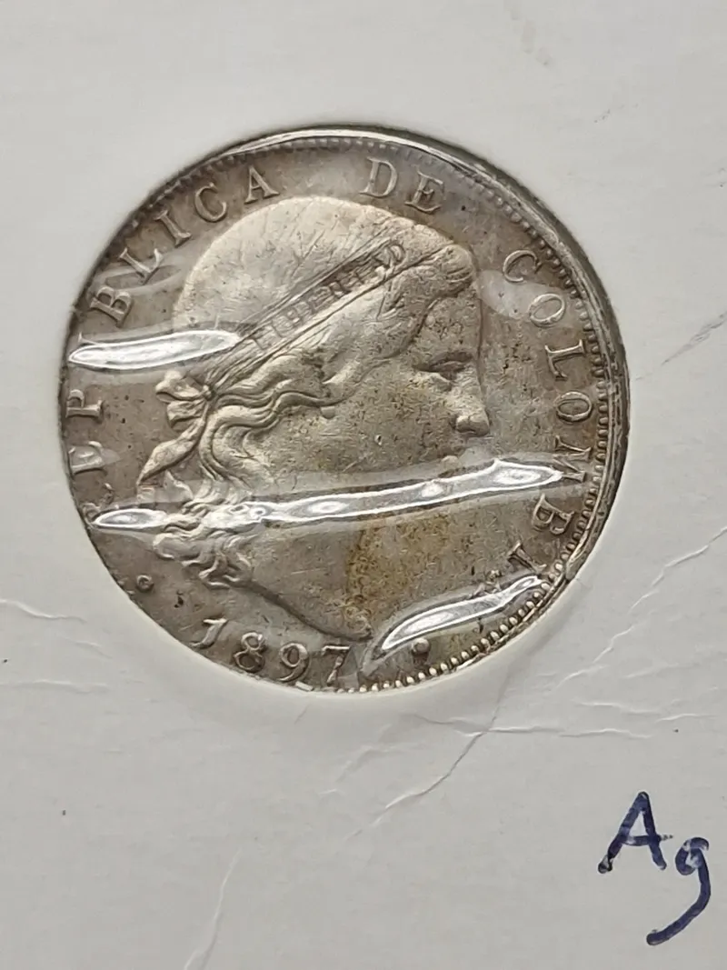 sjælden colombiansk 20 Centavos mønt fra 1897, præget i Bogotá