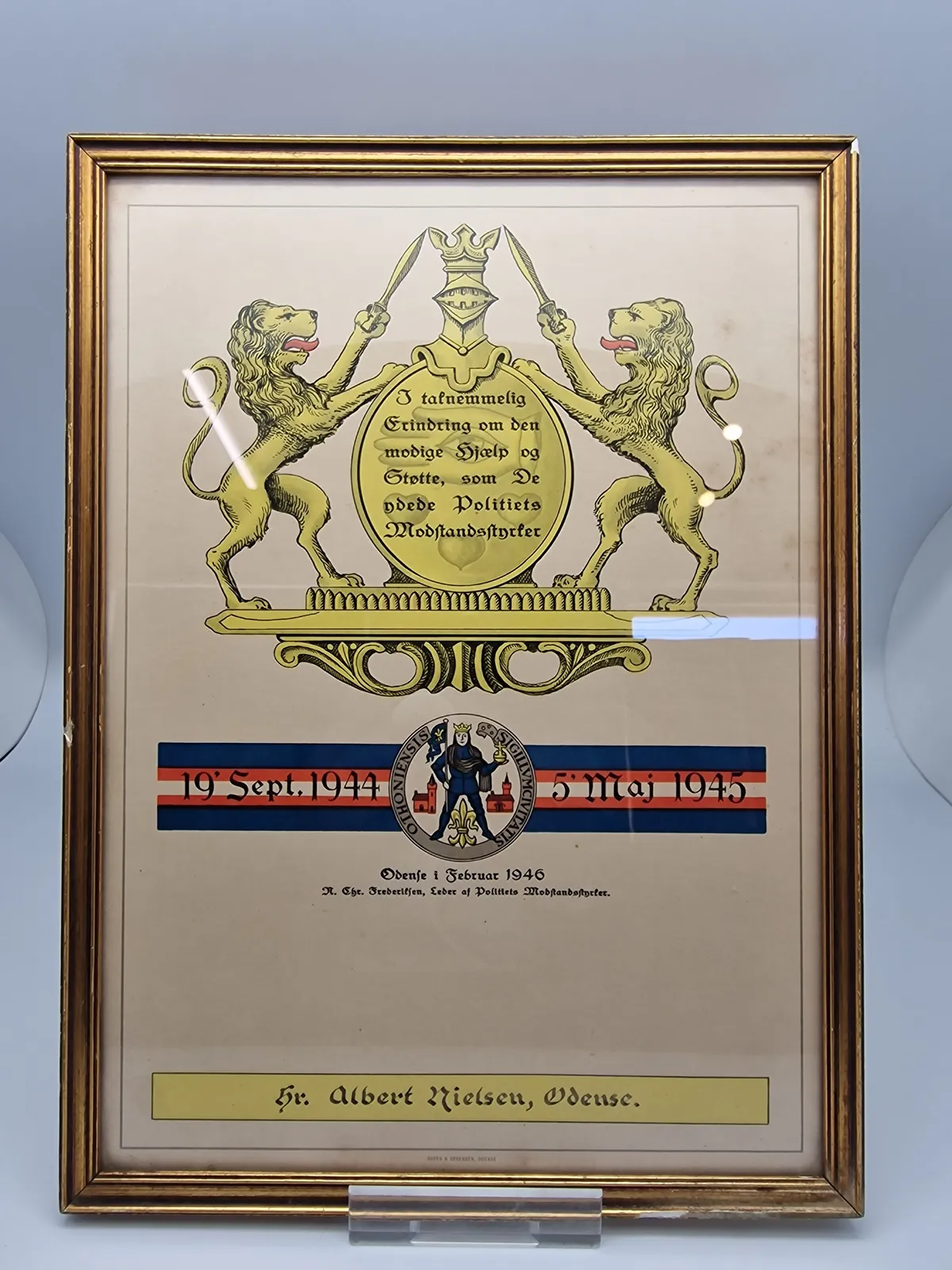 Originalt æresbevis fra modstandsmand