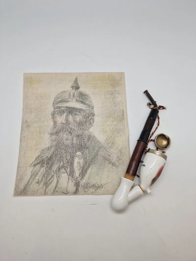 Originalt tysk ww1 lot 1914 julegave pibe og tegning med modtageren