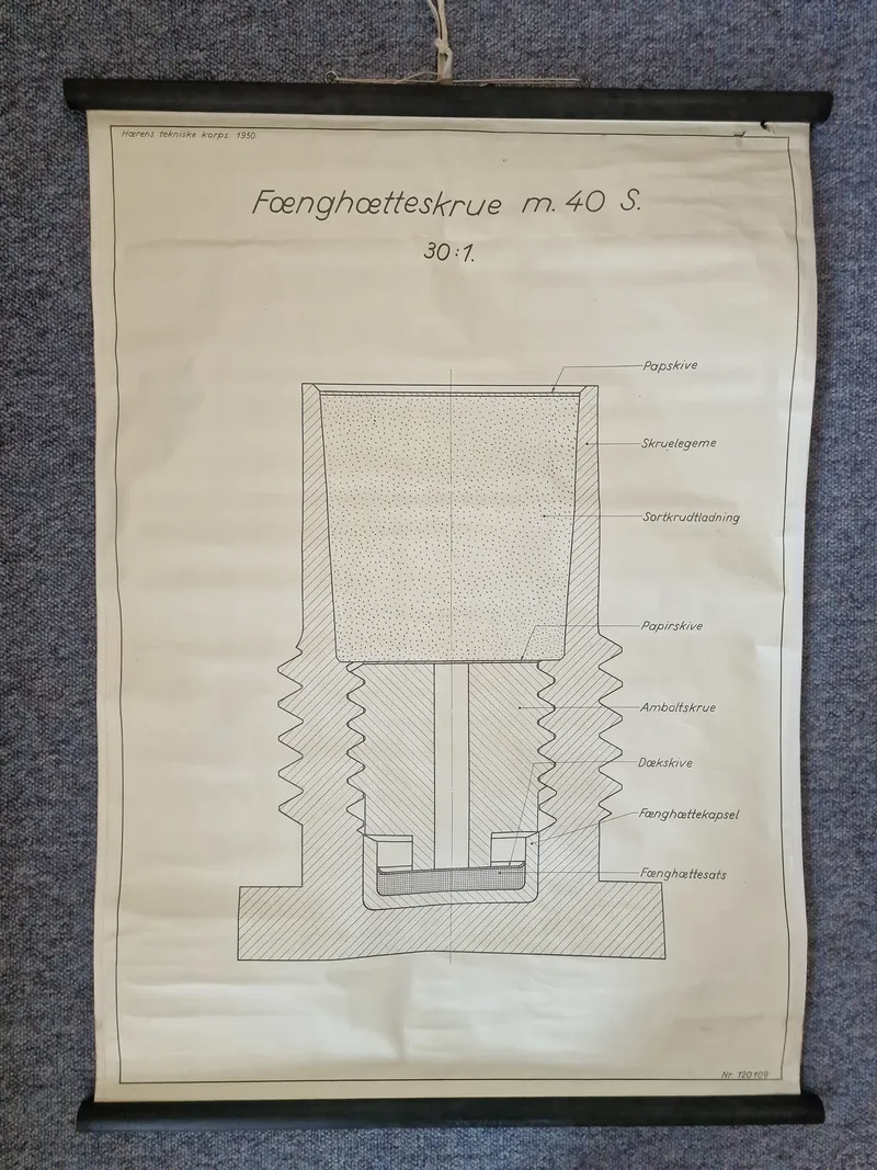 Original undervisningsplakat for Fænghætteskrue M/40S
