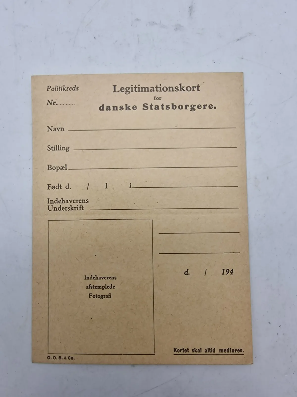 Originalt ww2 legitimationskort - ubrugt, og ofte anvendt af modstandsbevægelsen til at forfalske id med