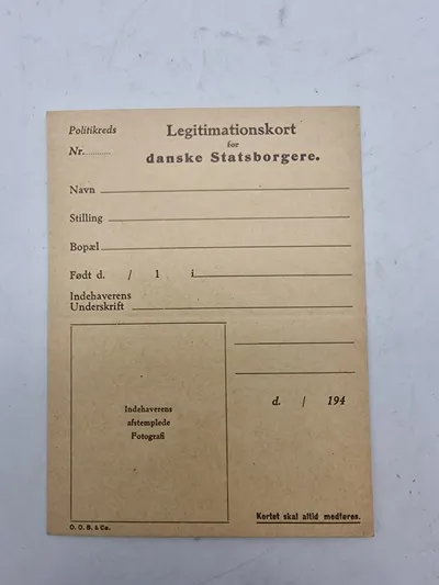 Originalt ww2 legitimationskort - ubrugt, og ofte anvendt af modstandsbevægelsen til at forfalske id med