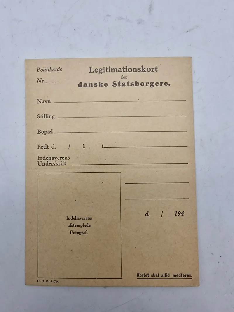 Originalt ww2 legitimationskort - ubrugt, og ofte anvendt af modstandsbevægelsen til at forfalske id med