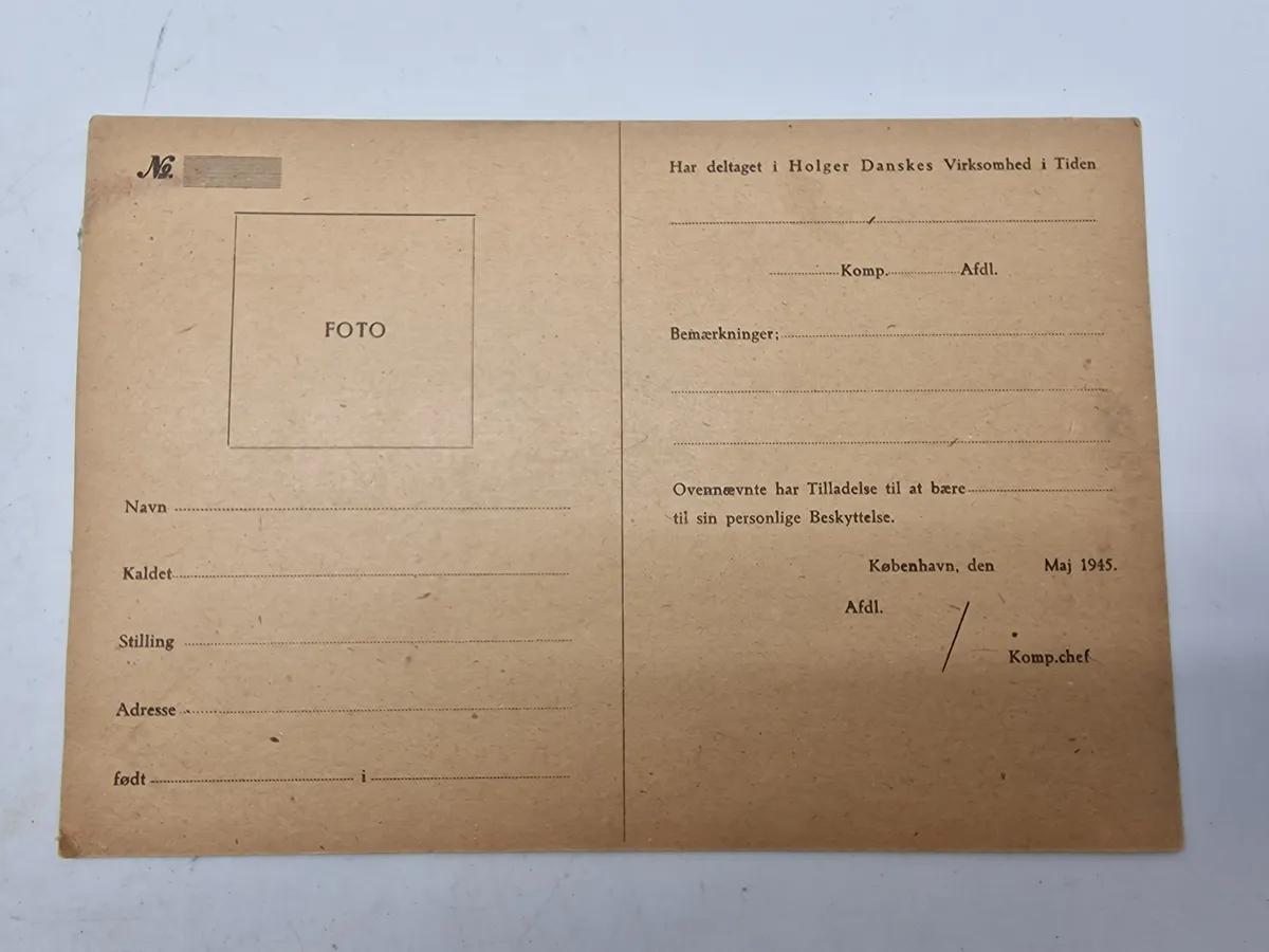 Originalt ubrugt id kort fra Holger Danske modstandsbevægelse