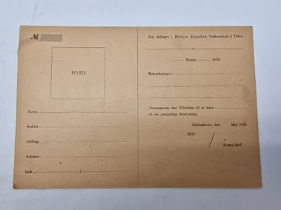 Originalt ubrugt id kort fra Holger Danske modstandsbevægelse
