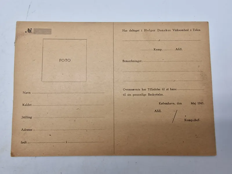 Originalt ubrugt id kort fra Holger Danske modstandsbevægelse