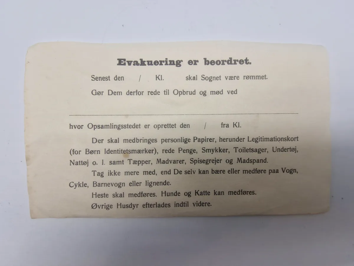 Original evakueringsseddel fra ww2 (Ubrugt)