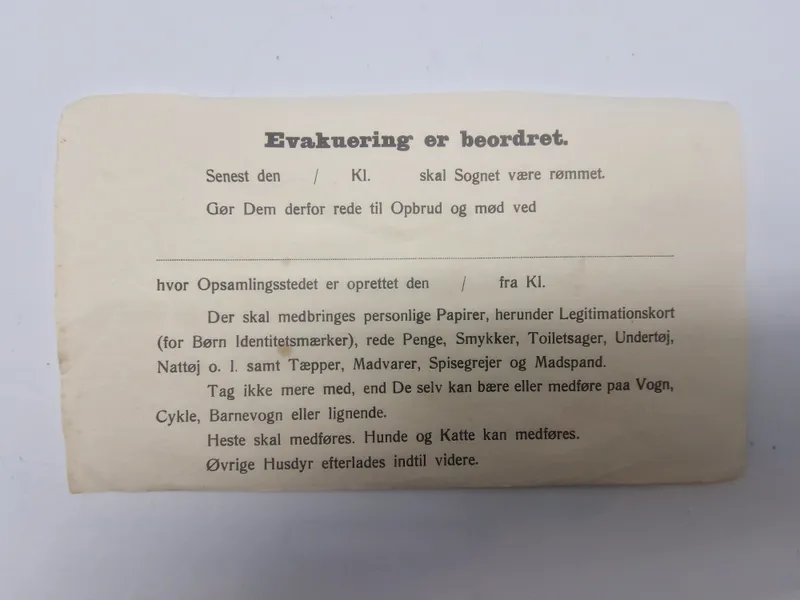 Original evakueringsseddel fra ww2 (Ubrugt)