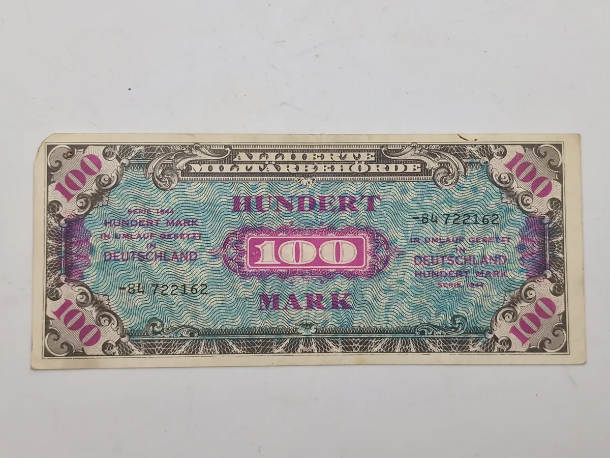 100 Mark Allied Military Currency (AMC) pengeseddel fra 1944, udstedt til brug i Tyskland under og umiddelbart efter Anden Verdenskrig