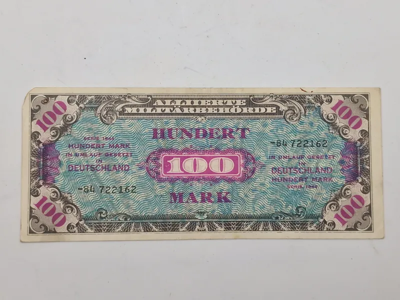 100 Mark Allied Military Currency (AMC) pengeseddel fra 1944, udstedt til brug i Tyskland under og umiddelbart efter Anden Verdenskrig