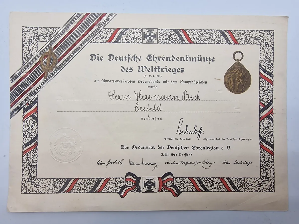 Originalt Urkunde Deutsche Ehrendenkmünze des Weltkrieges