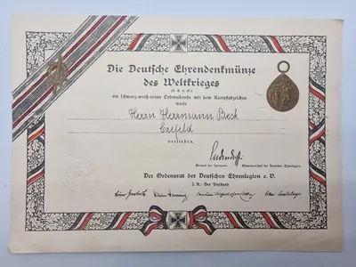 Originalt Urkunde Deutsche Ehrendenkmünze des Weltkrieges