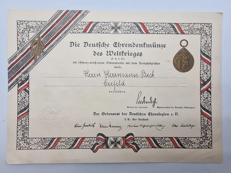 Originalt Urkunde Deutsche Ehrendenkmünze des Weltkrieges