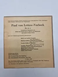 Originalt foto & dødsannonce for Paul von Lettow-Vorbeck, som døde kort før sin 94-års fødselsdag