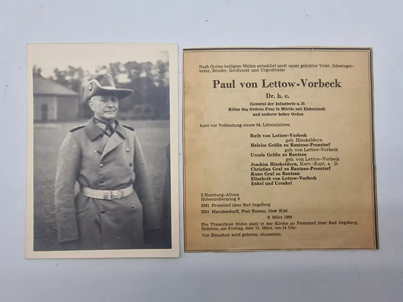 Originalt foto & dødsannonce for Paul von Lettow-Vorbeck, som døde kort før sin 94-års fødselsdag
