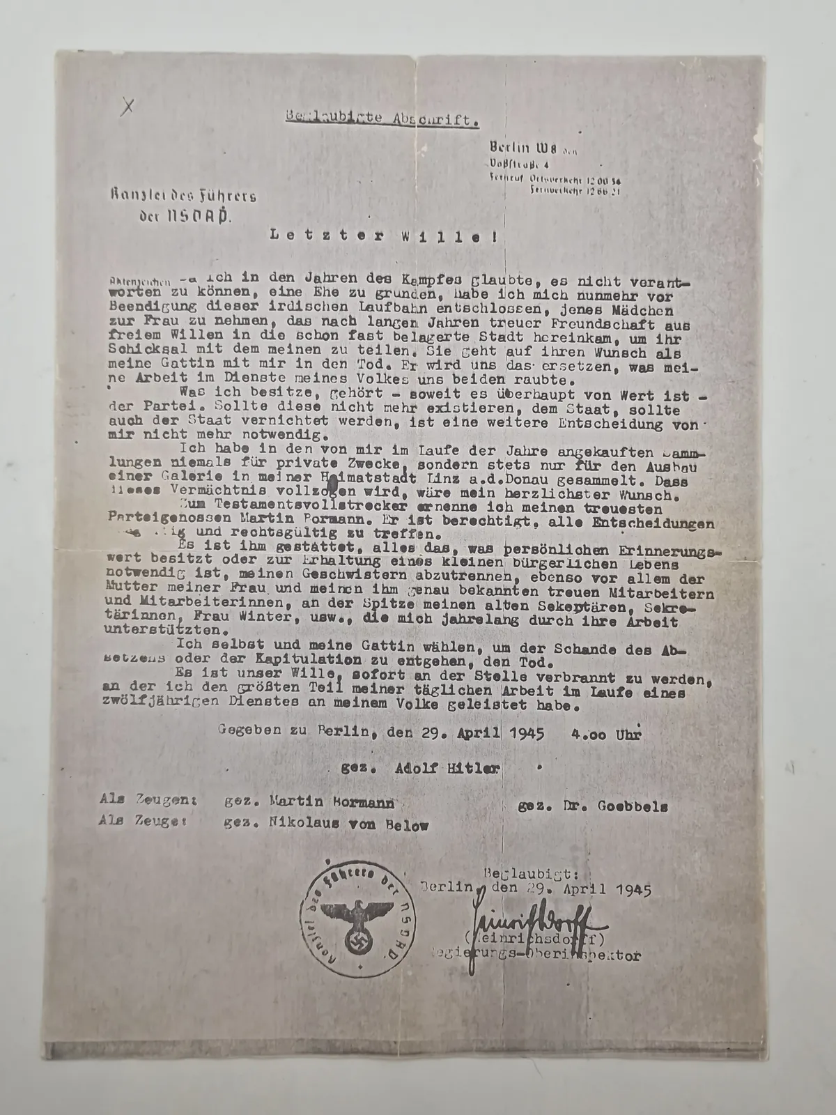 Originalt udskrift til Adolf Hitlers testamente, sendt til forskellige tyske byer i de sidste dage under 2.verdenskrig