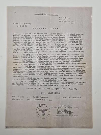 Originalt udskrift til Adolf Hitlers testamente, sendt til forskellige tyske byer i de sidste dage under 2.verdenskrig