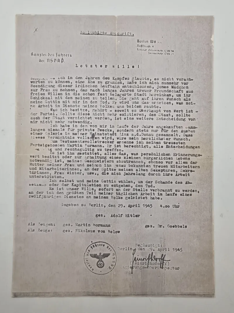 Originalt udskrift til Adolf Hitlers testamente, sendt til forskellige tyske byer i de sidste dage under 2.verdenskrig