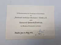 Originalt urkunde på  "Die Goldene Treuenadel" (Den Gyldne Trofasthedsnål)
