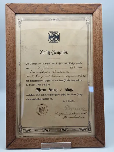Originalt WW1 urkunde Jernkors 1 klasse