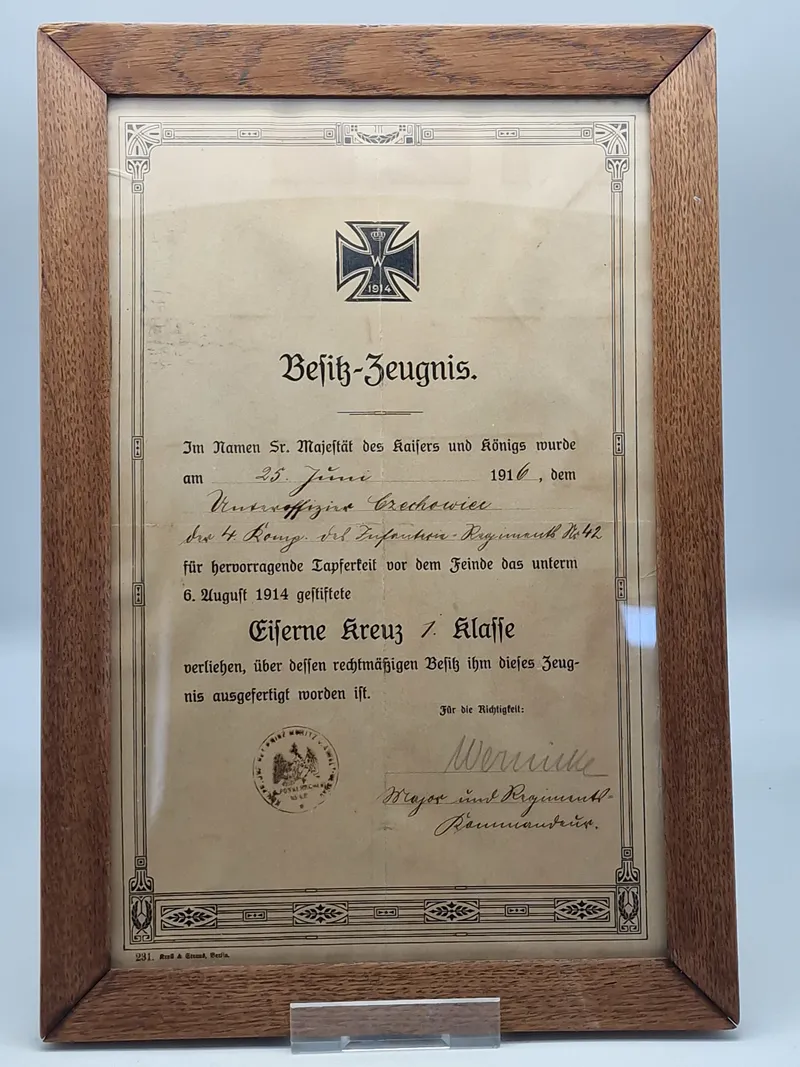 Originalt WW1 urkunde Jernkors 1 klasse