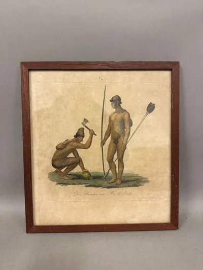 Originalt håndkoloreret kobberstik med indianere