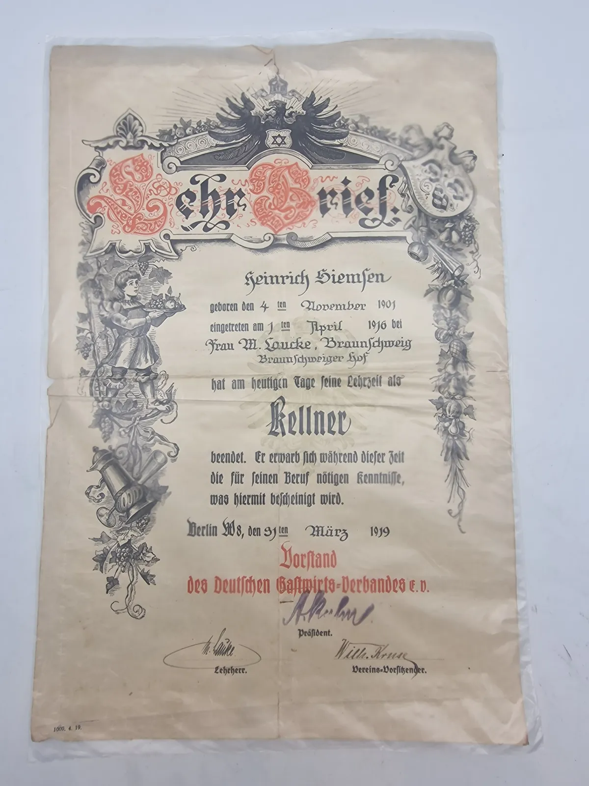 Lehrbrief, som er et historisk dokument, der bekræfter, at Heinrich Siemsen har afsluttet sin læretid som tjener (Kellner).