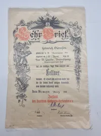 Lehrbrief, som er et historisk dokument, der bekræfter, at Heinrich Siemsen har afsluttet sin læretid som tjener (Kellner).
