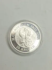 dansk 10-kroners erindringsmønt, der blev udgivet i 2005 i anledning af H.C. Andersens 200-års fødselsdag - sølv, 31 gram