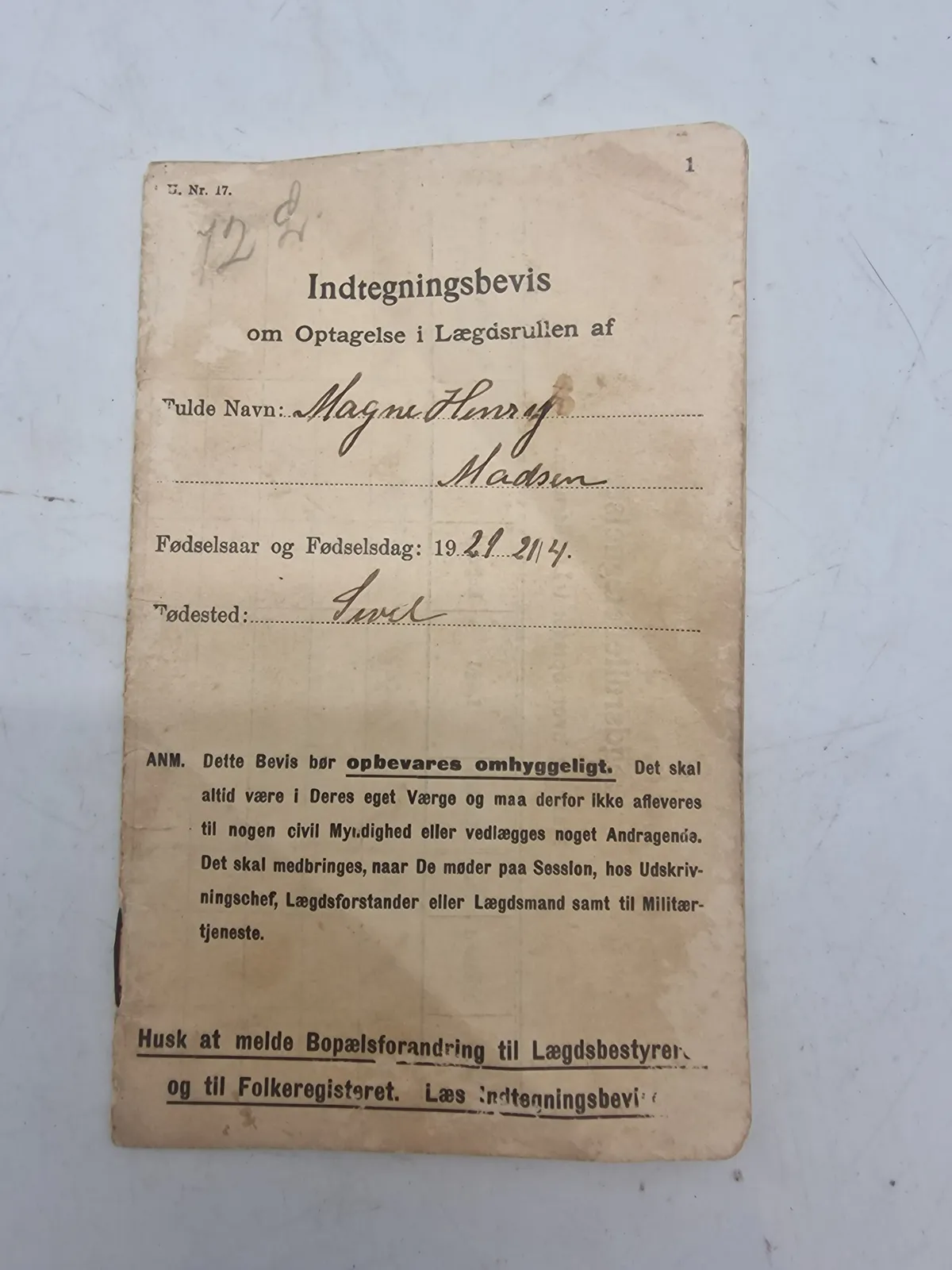 Originalt 
Indtegningsbevis
om Optagelse i Lægdrullen