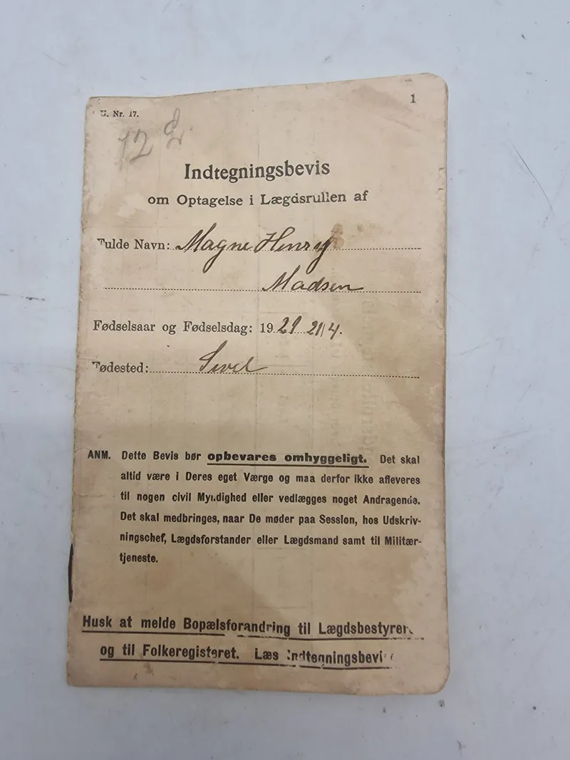 Originalt 
Indtegningsbevis
om Optagelse i Lægdrullen